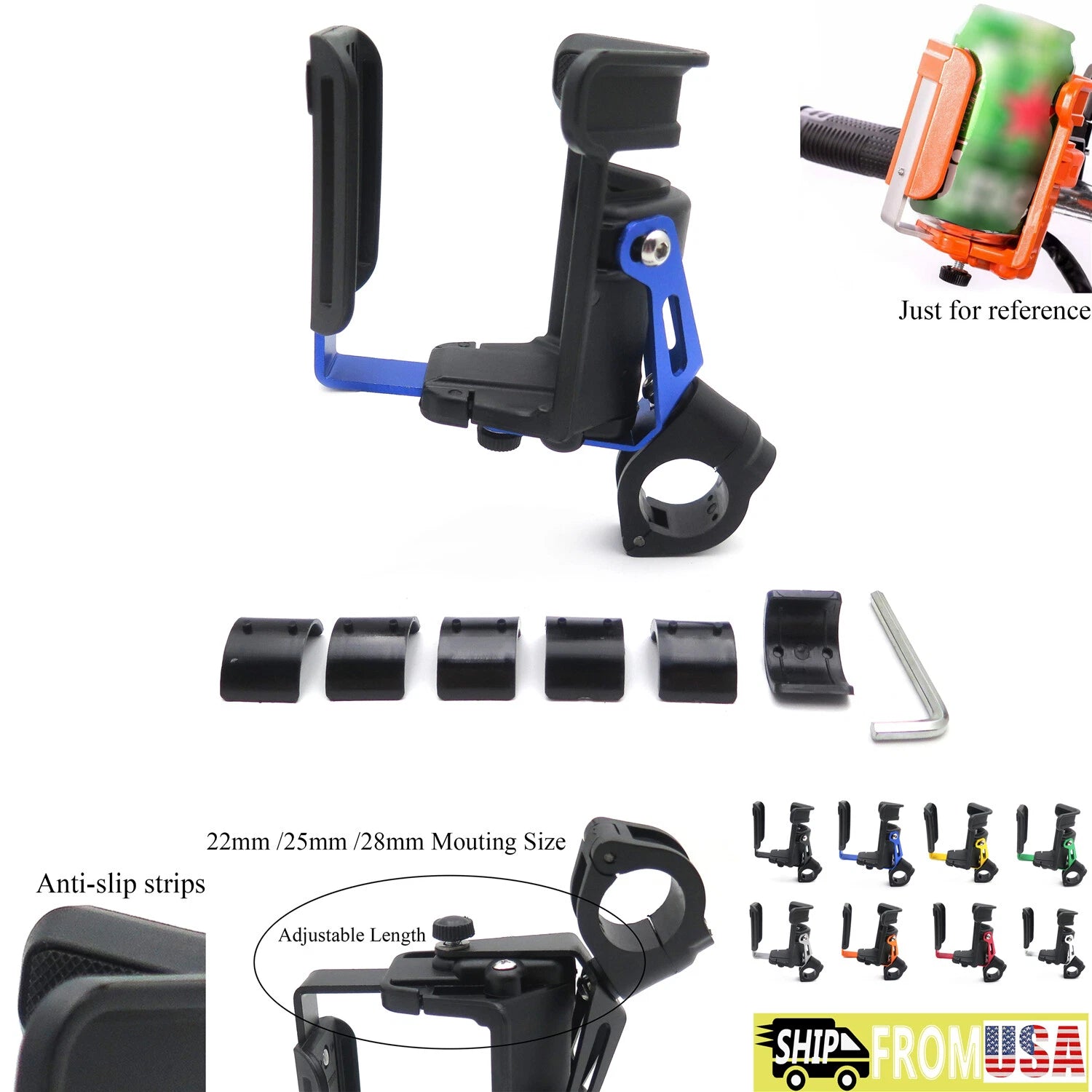 Adjustable Handlebar Cup Holder Mount for Motorcycle Bicycle (22mm, 25mm, 28mm)