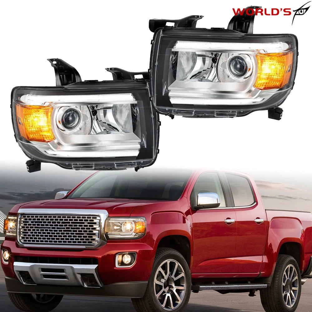 Set of 2 Front Headlights for GMC Canyon (2015–2022) Halogen with LED DRL Chrome