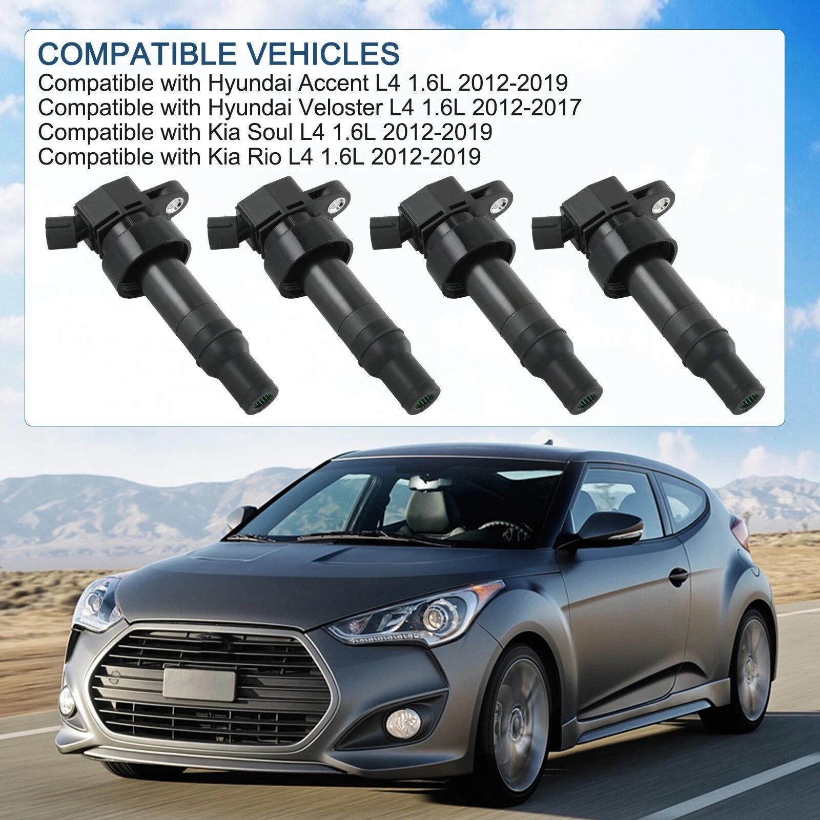 Set of 4 Heavy Duty Ignition Coils & Spark Plugs for Hyundai Accent Veloster Rio Soul (2011–2017)
