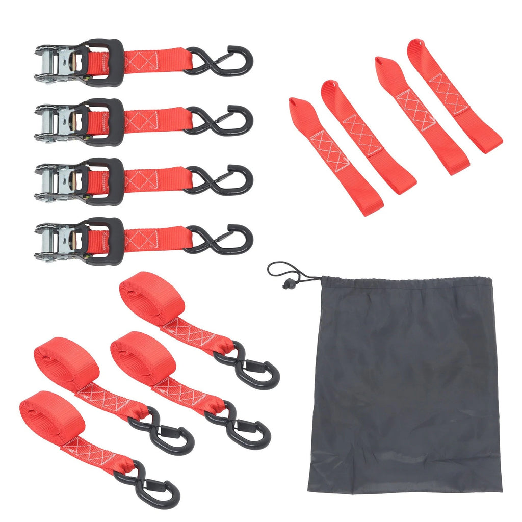 Set of 4 Ratchet Straps 1.6in x 8ft Red Polyester 5208lbs Strength