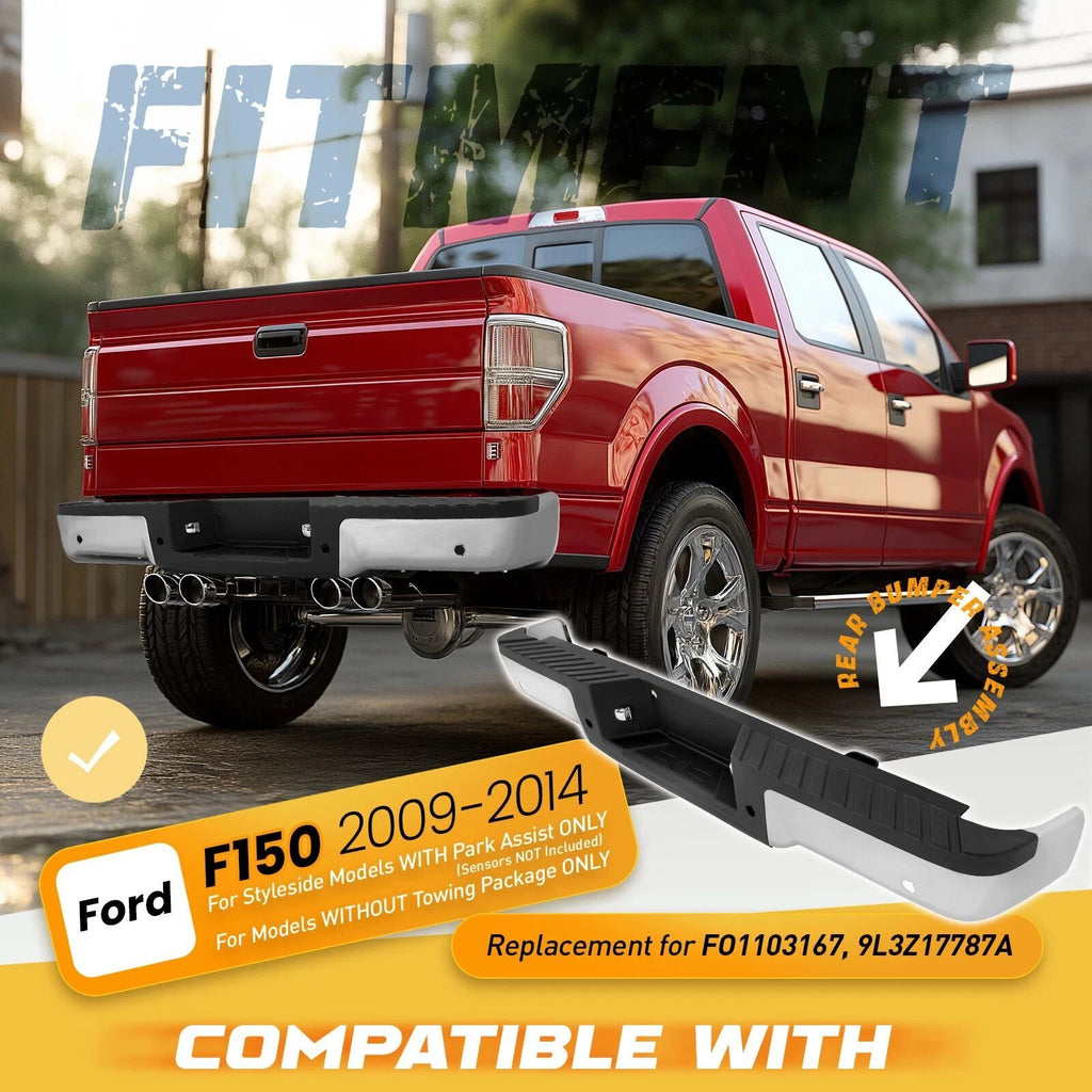 Complete Steel Rear Bumper Assembly for Ford F150 Styleside (2009–2014) Chrome