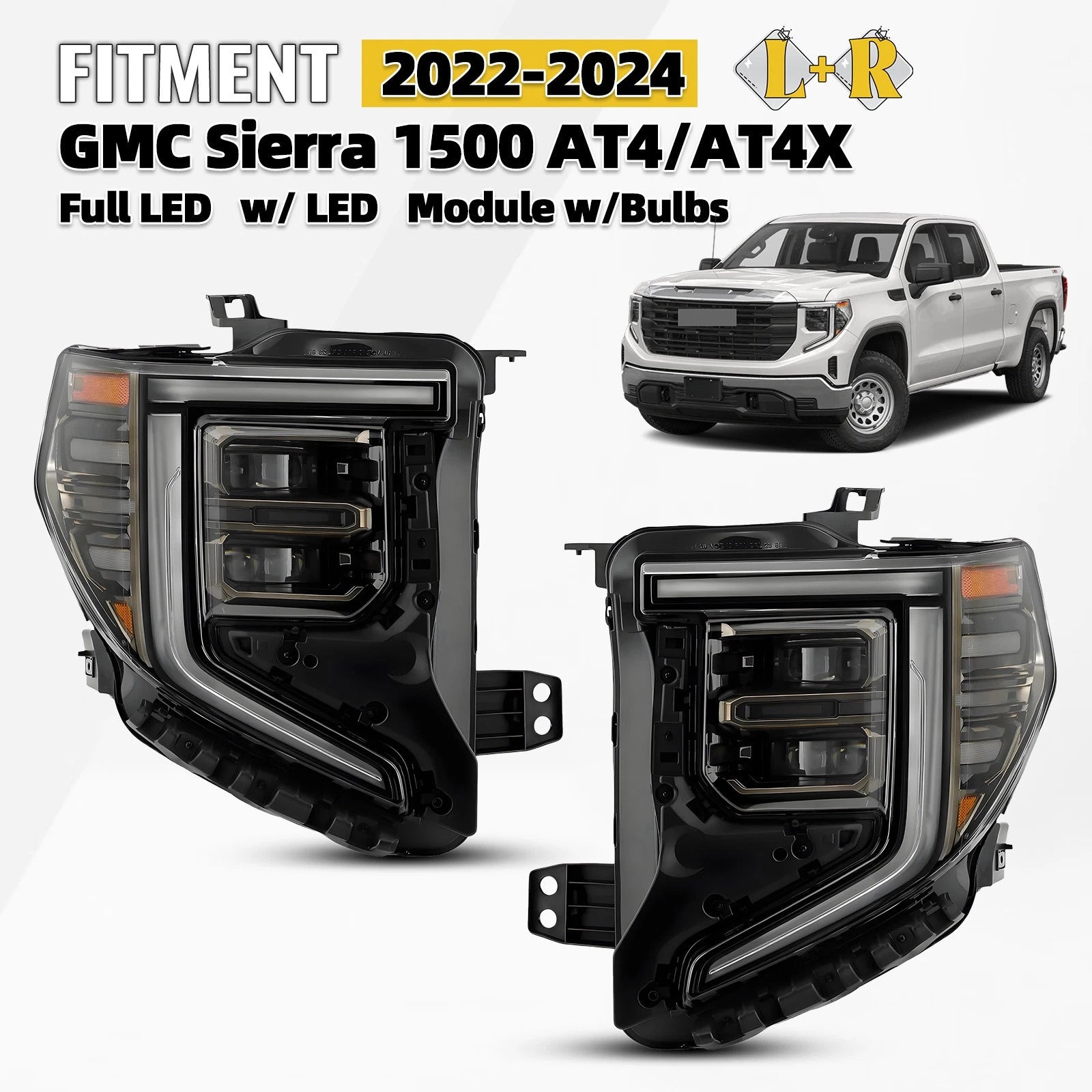 Full LED Headlights for GMC Sierra 1500 AT4 AT4X (2022–2024) Left & Right Pair