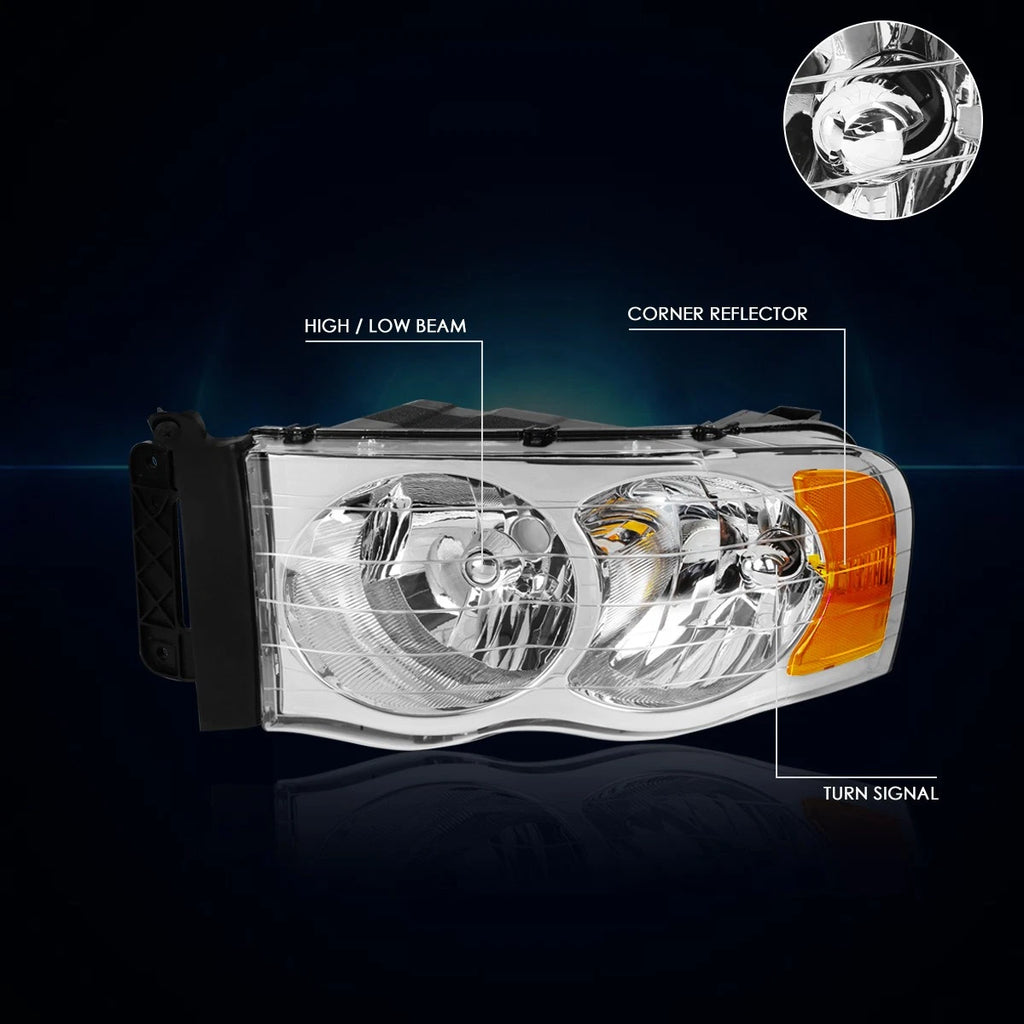 Chrome Housing Headlight Amber Corner Signal Lamps for Dodge Ram 1500-3500 (2002–2005)
