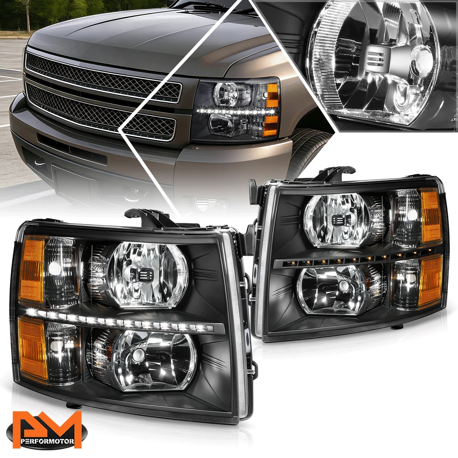 LED DRL Strip Headlight for Chevy Silverado (2007–2014) Black Housing Amber Side