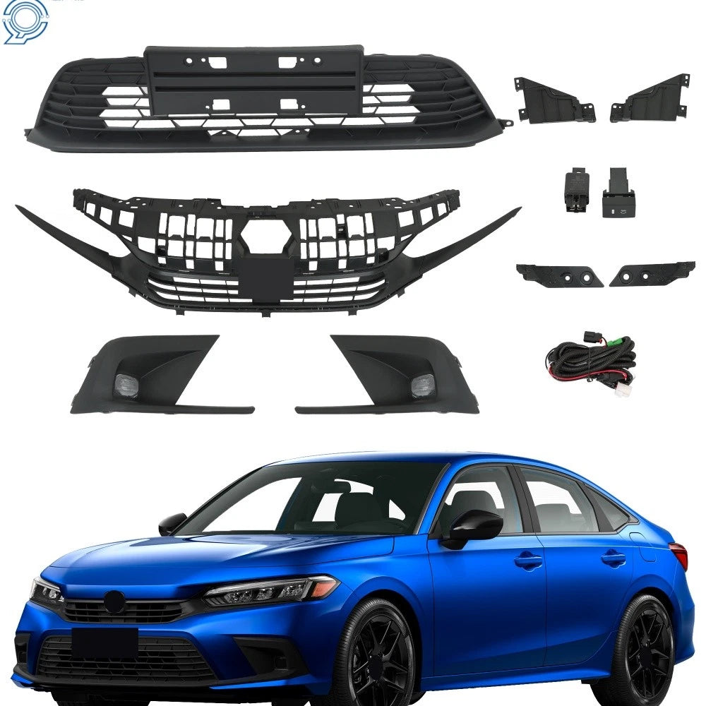 Set of 2 Black Upper & Lower Grills with Fog Lights for Honda Civic (2022–2023)