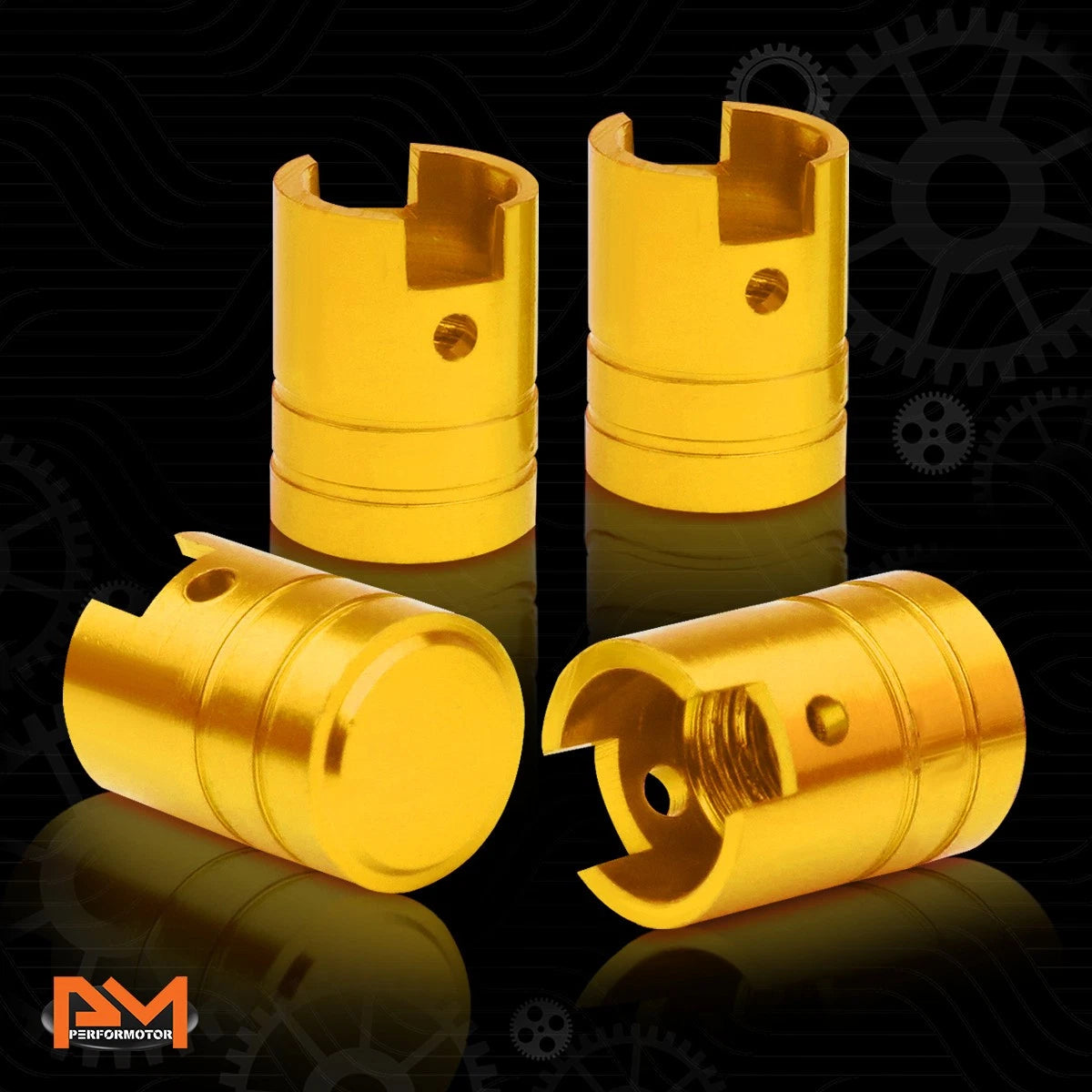 Set of 4 Gold Aluminum Tire Stem Caps 17mm Piston Style Valve Covers