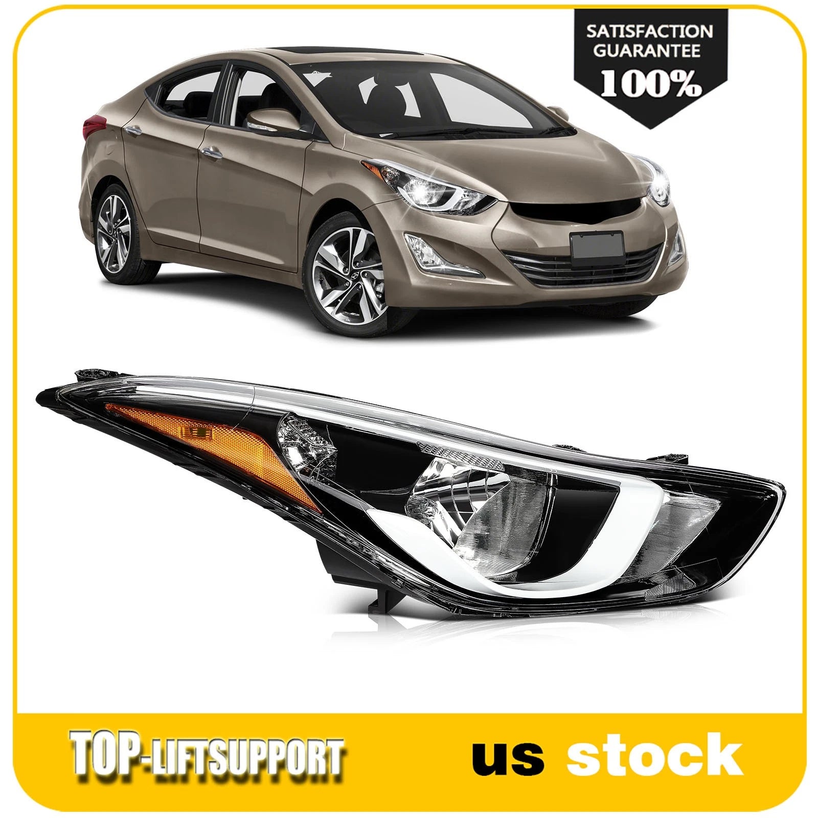 Right Side Headlight Assembly for Hyundai Elantra (2014–2016) Black Housing