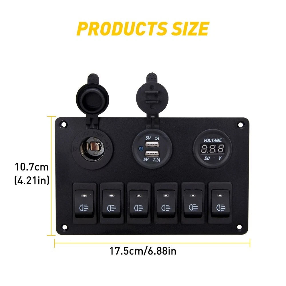 6 Gang LED Rocker Switch Panel for Car Truck Boat Marine (12V)