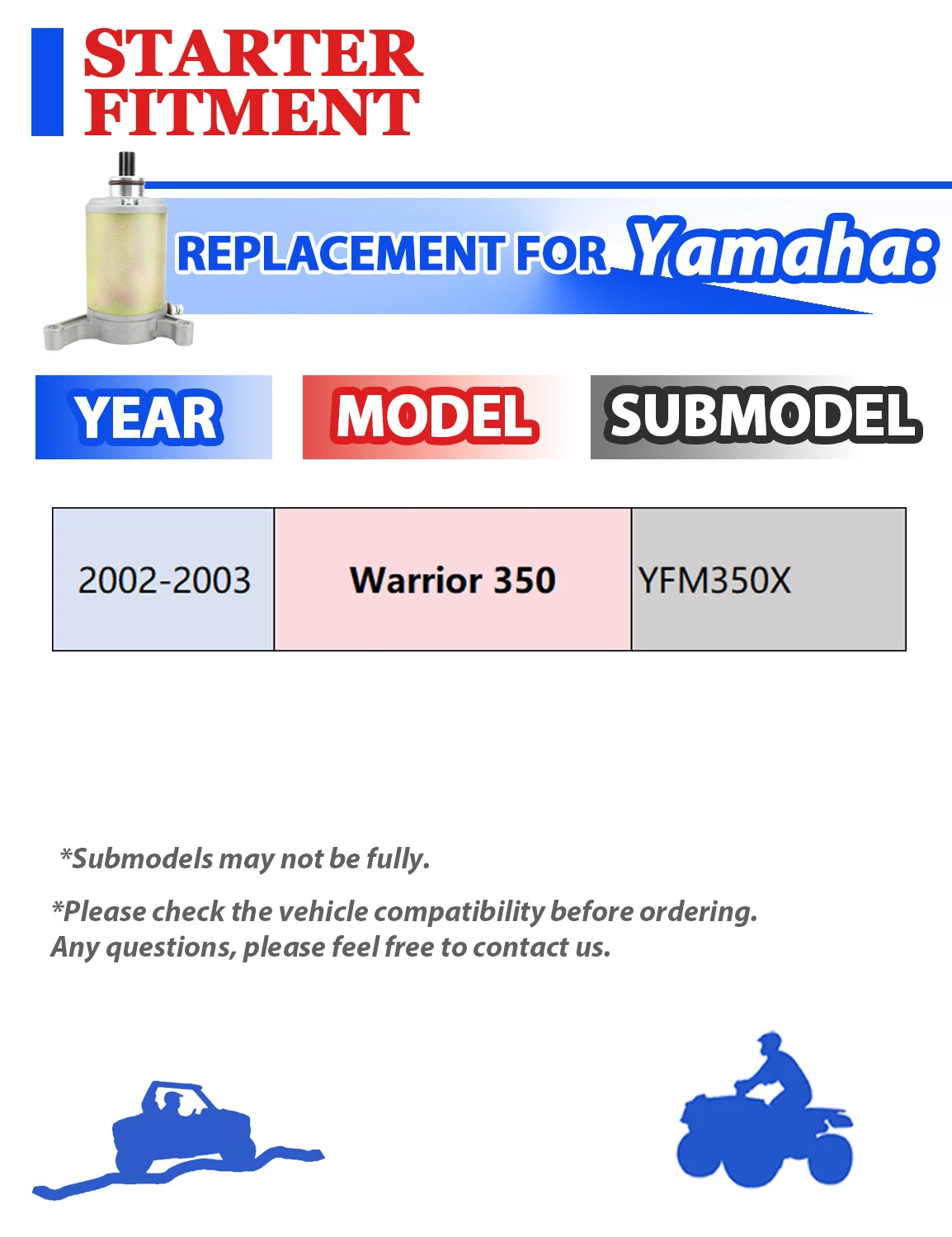 Starter for Yamaha Warrior 350 YFM350 (2002–2003) with Relay & Key Switch