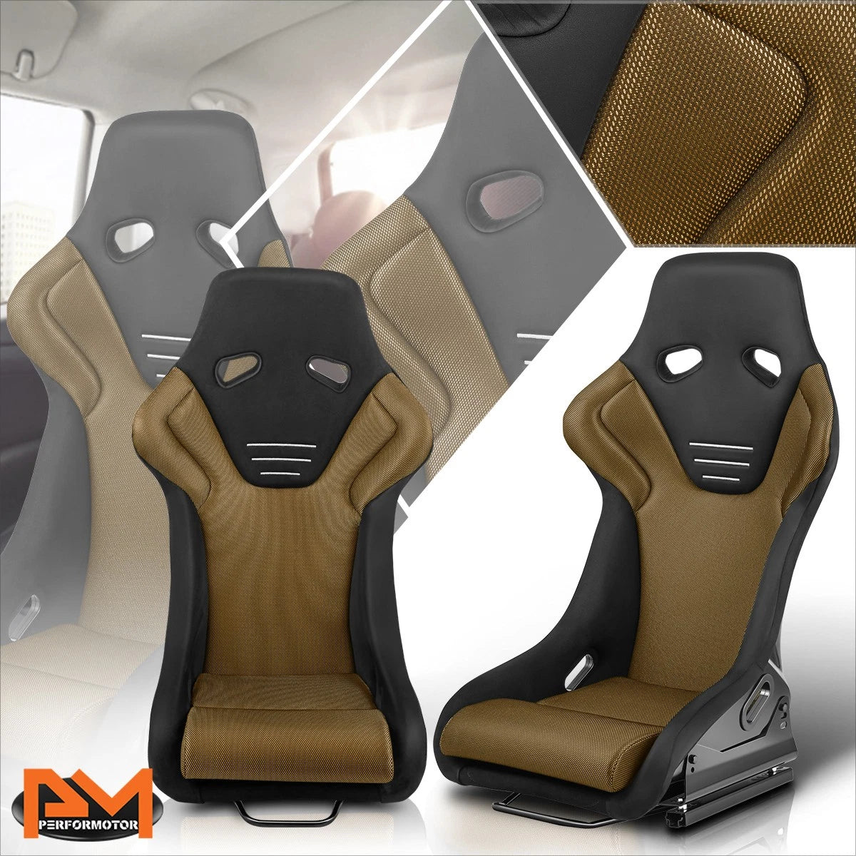 2Pcs Fixed Back Racing Bucket Seats for Universal Fit (Gold)