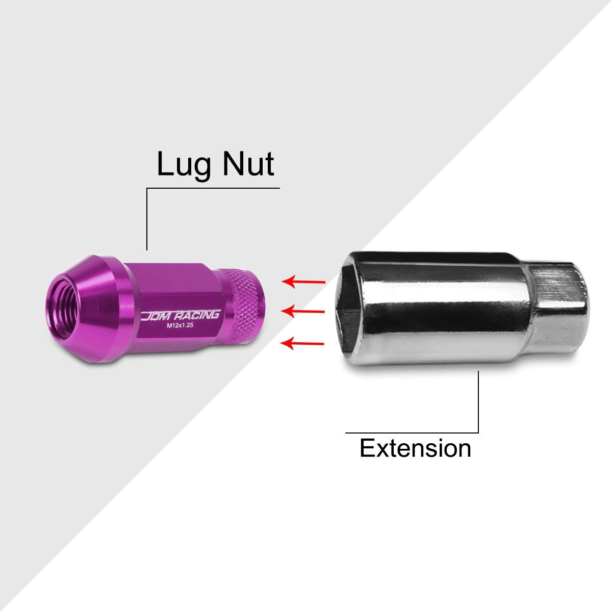 20Pc M12X1.25 Purple JDM Open End Cone Hex Wheel Lug Nuts + Extension 25mmx50mm
