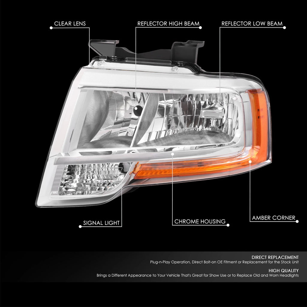 OE Style Chrome Housing Clear Lens Headlights Pair for Ford Expedition (2015–2017)