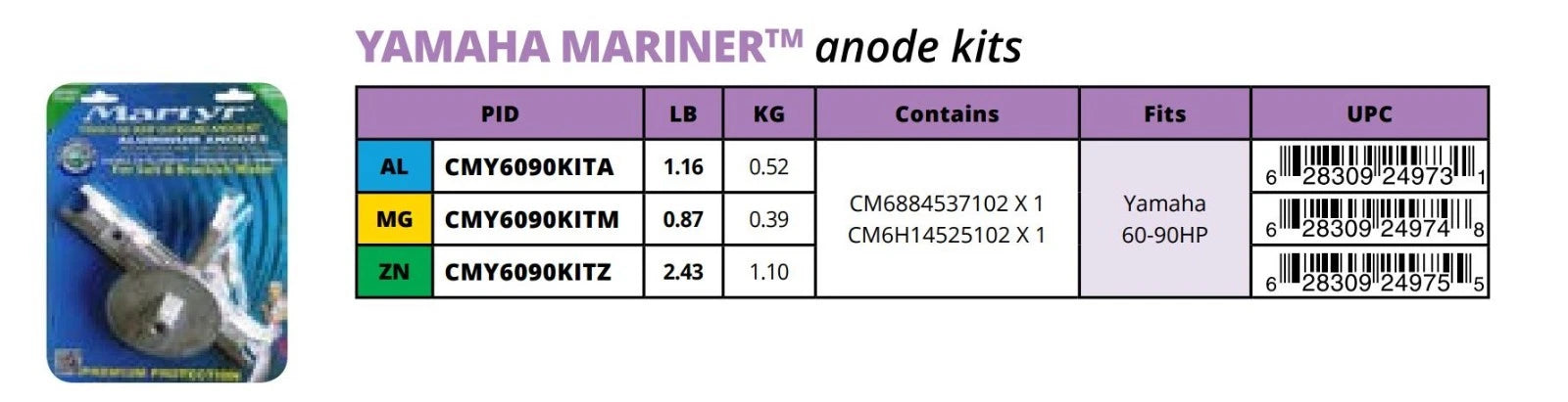 Martyr Aluminum Anode Kit for Yamaha 60-90HP Outboard (CMY6090KITA)