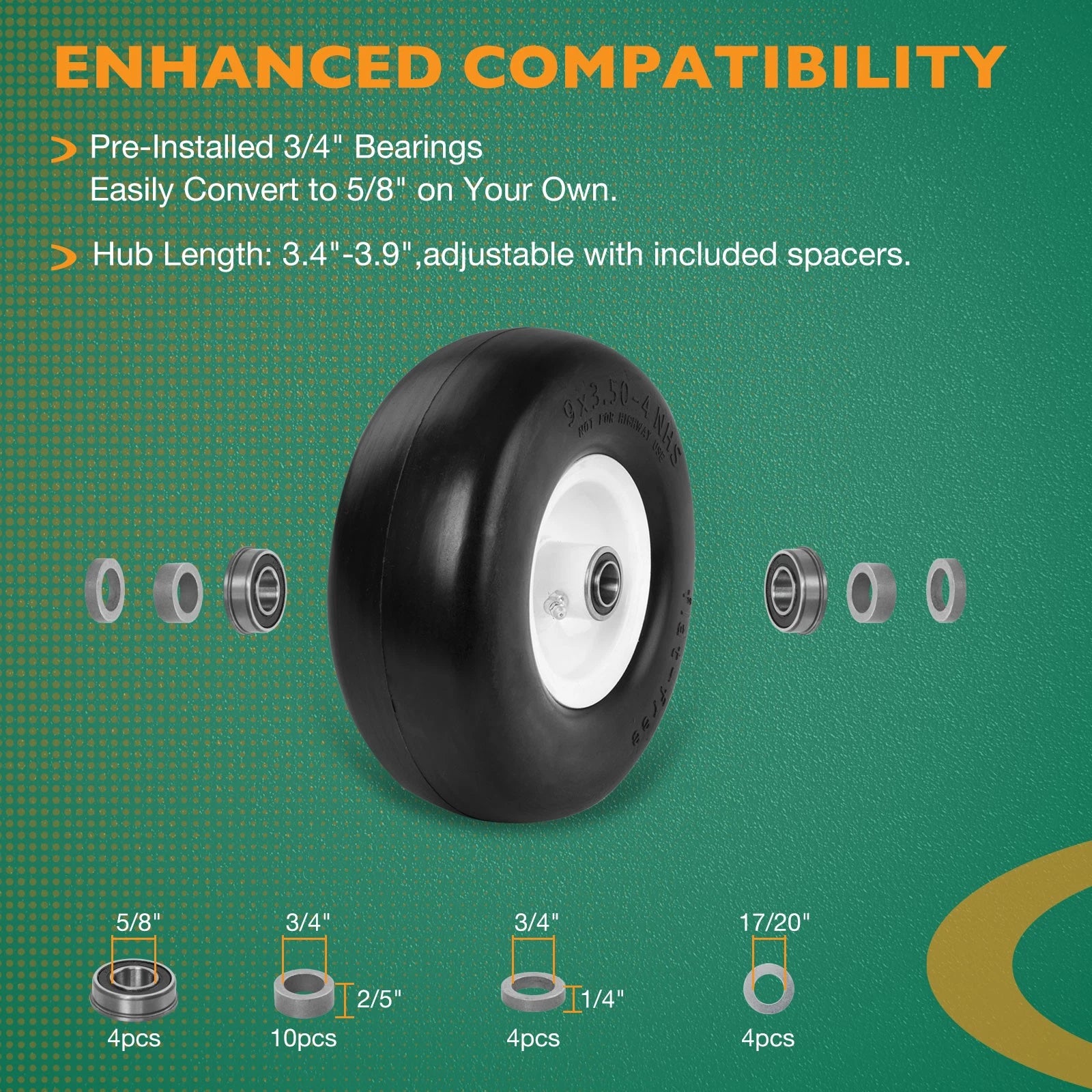 2X 9x3.50-4 Flat Free Tire Wheel Set w/ Bearings for Zero-Turn Mower