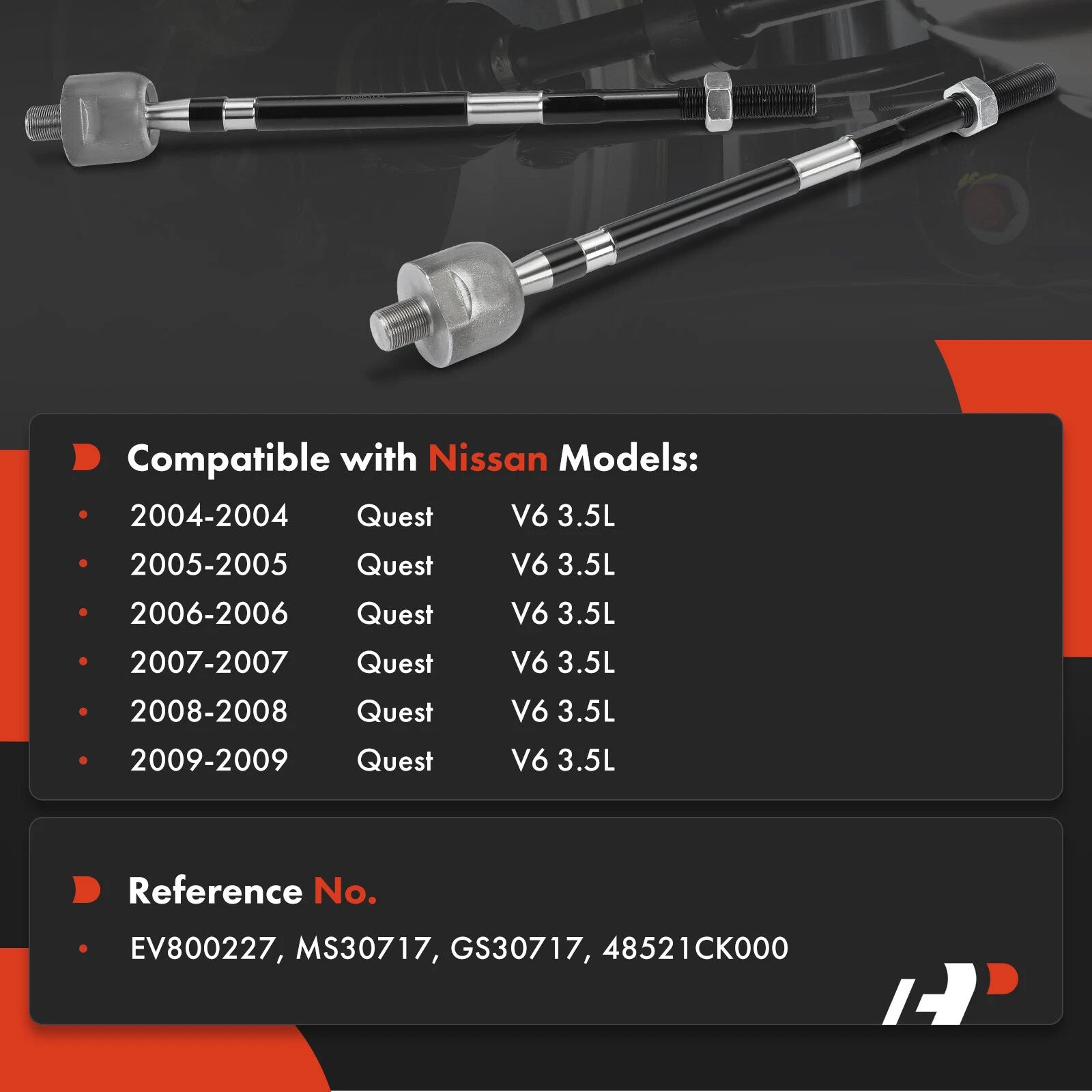2X Front Inner Tie Rod for Nissan Quest (2004-2009)