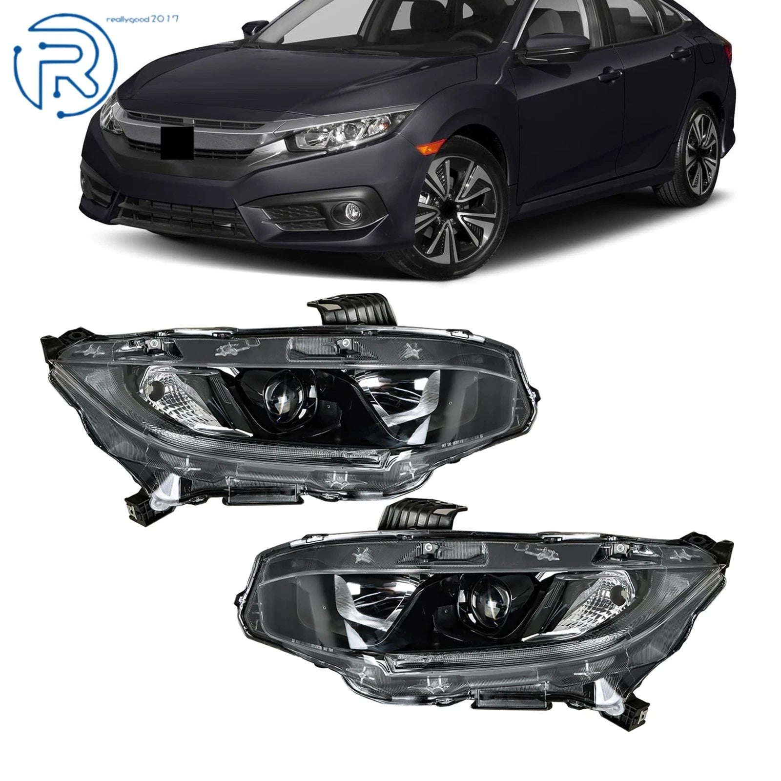 2X Headlight Assembly for Honda Civic (2016–2021) with LED DRL Black Housing