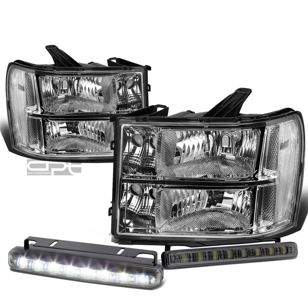Chrome Clear Corner Headlight, Bumper & Smoked LED Fog Light Kit for GMC Sierra (2007–2014)