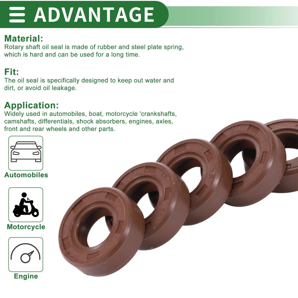 Set of 5 Oil Seal Ring 10x20x7mm for Rotary Shaft (Fluorine Rubber)