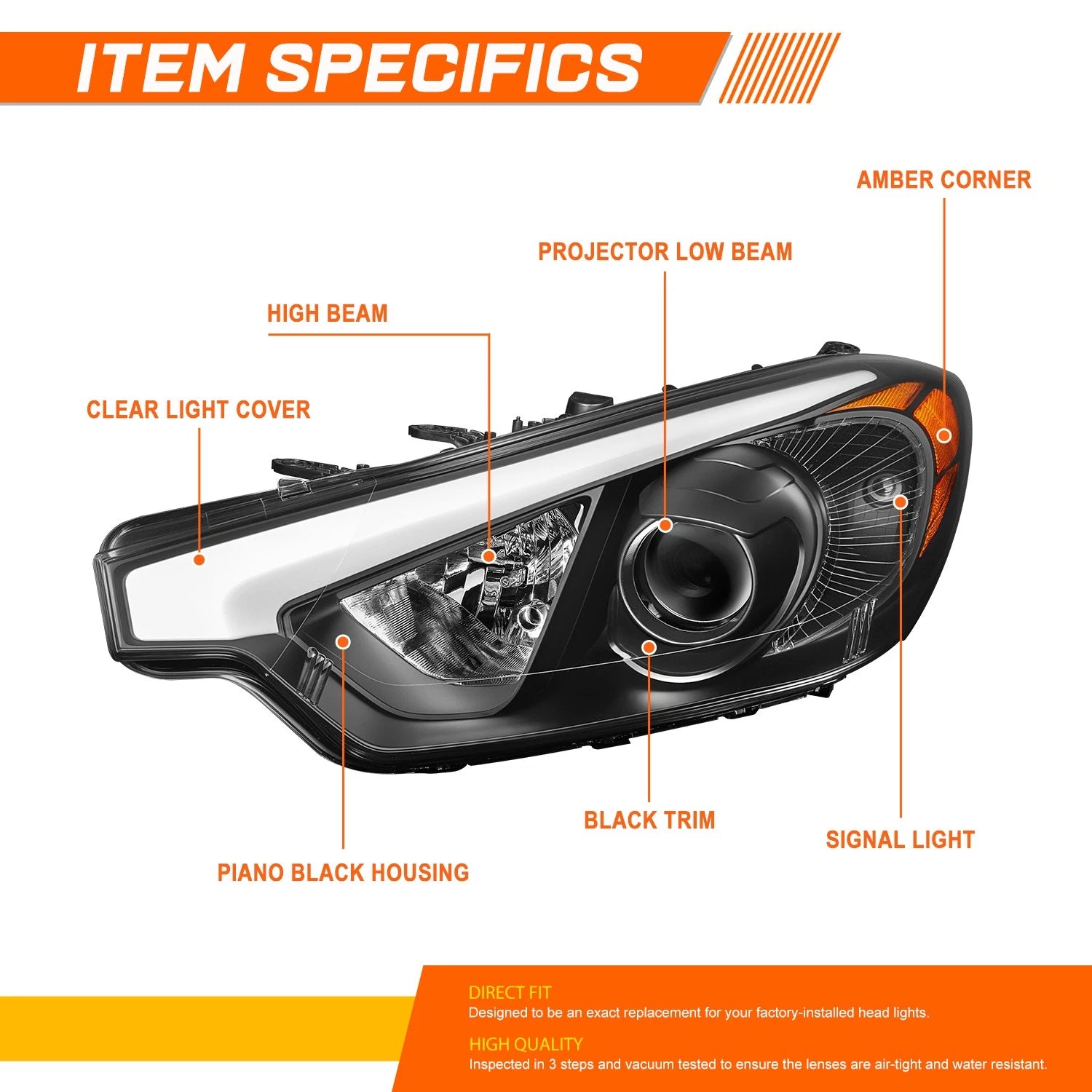 Projector Headlights for Kia Forte 5 Koup (2014–2016) Black Housing Amber Side