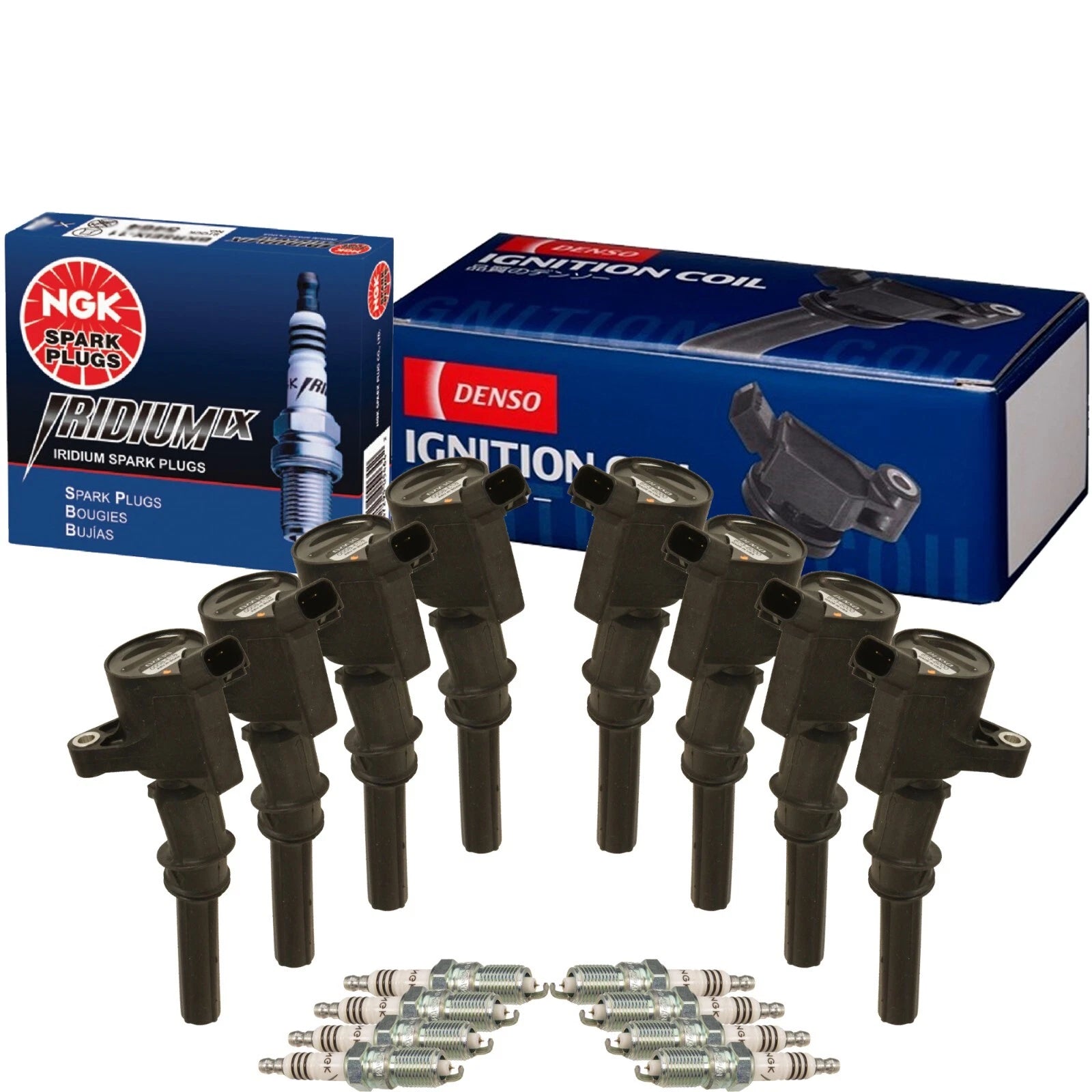 Set of 8 Ignition Coils & Spark Plugs for Ford Lincoln Mercury (Denso, NGK)