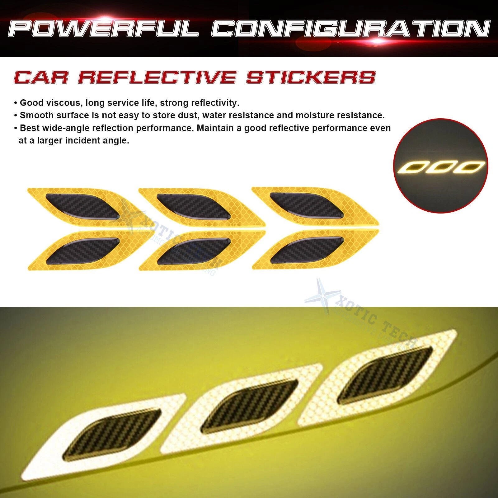 Yellow Carbon Fiber Pattern 3D PVC Night Reflect Vent Edge for Cars (2018-2024)