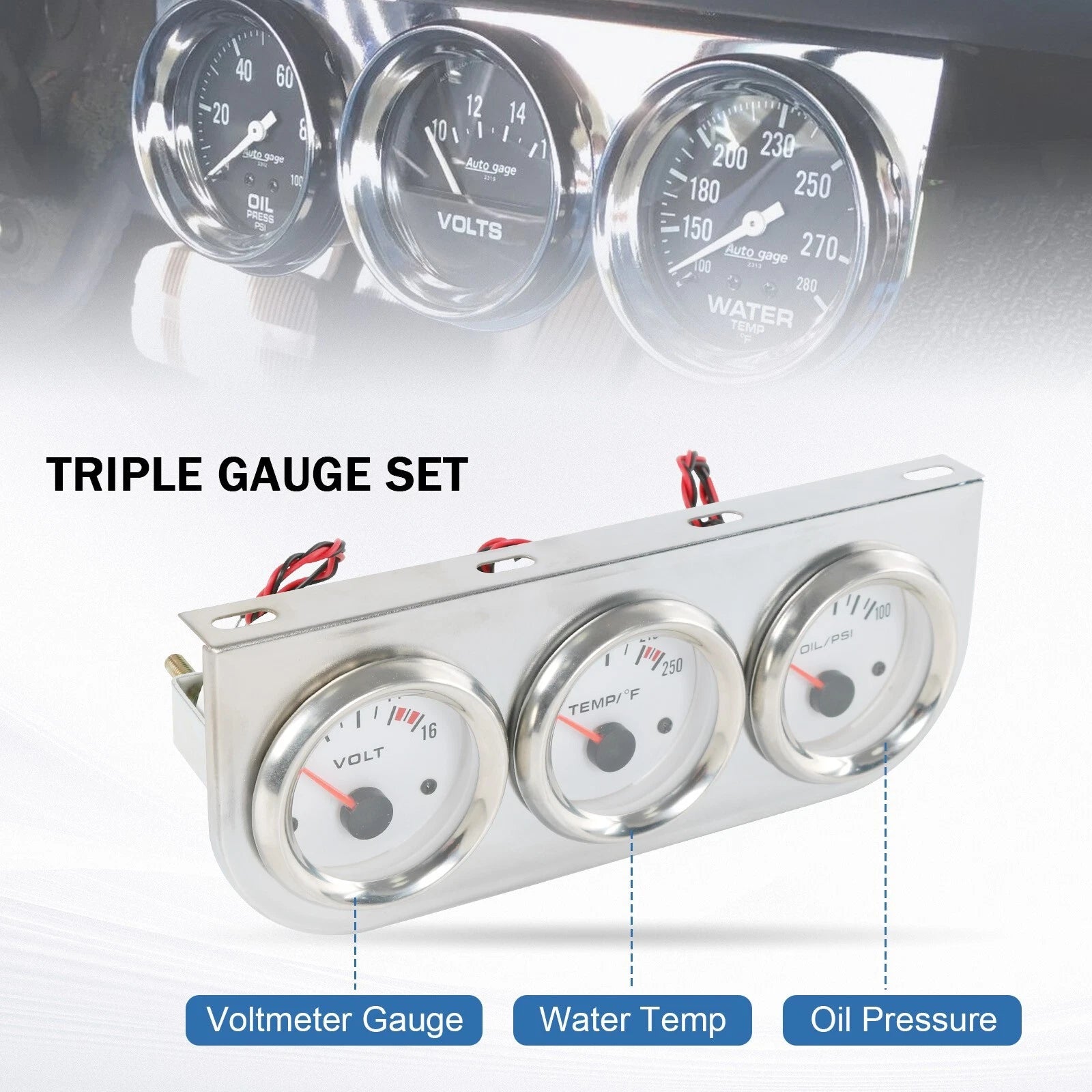 Set of 3 Mechanical Chrome Gauges for Universal Applications (52mm)