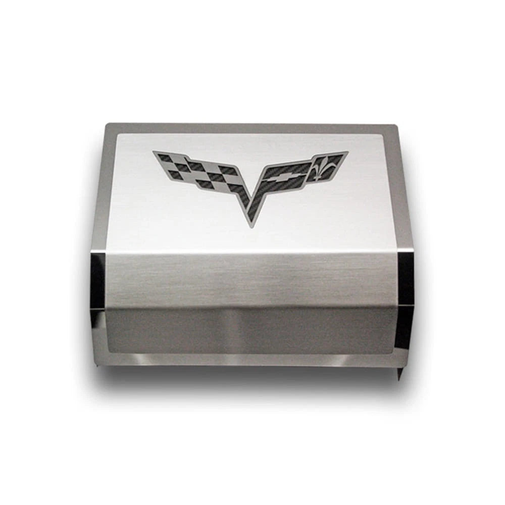 Stainless Fuse Box Cover w/Green Carbon Fiber Flags Inlay for 2005-2013 Corvette