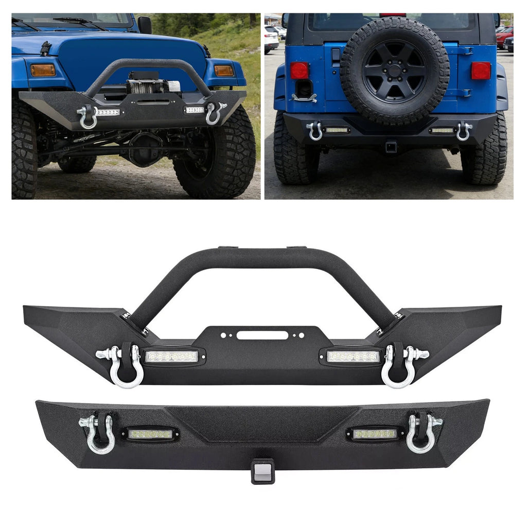 Steel Bumper Set for Jeep Wrangler TJ YJ (1987–2006) w/ D-Rings, Black