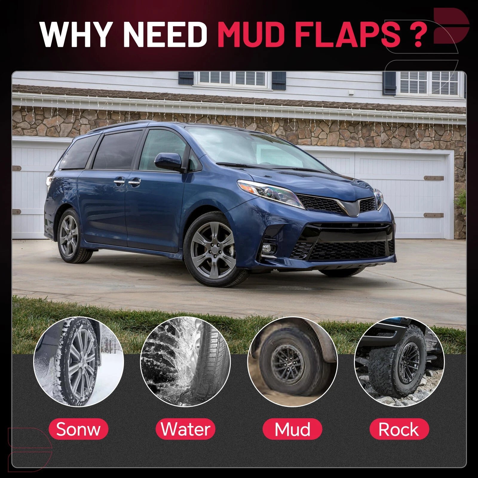 Front Rear Mud Flaps Splash Guards for Toyota Sienna 3.5L (2018-2020)
