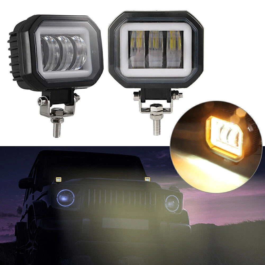 Set of 2 4-Inch Square LED Work Light Bars for Motorcycle (12V-24V)