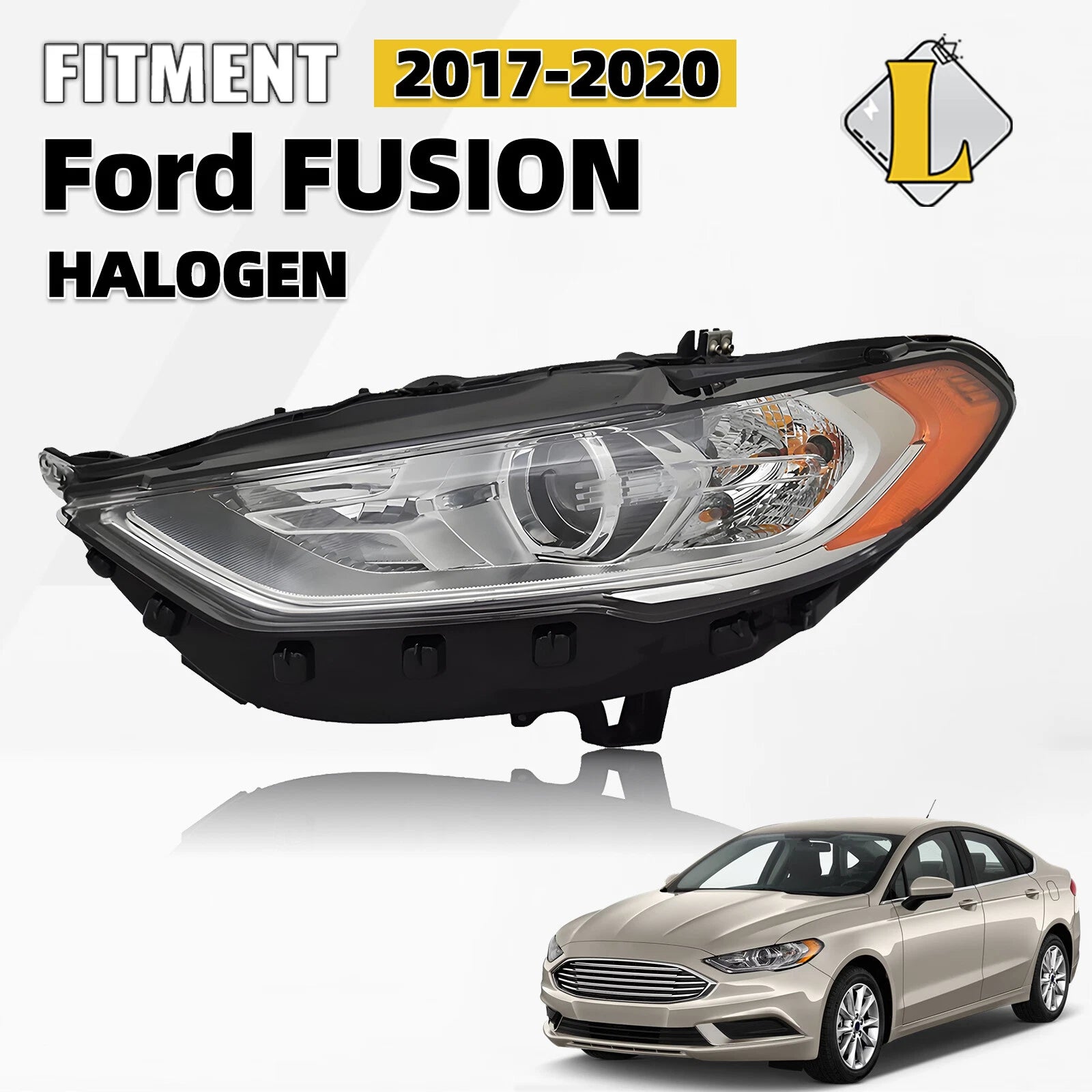 Halogen Headlight for Ford Fusion (2017–2020) Left Driver Side, w/o DRL