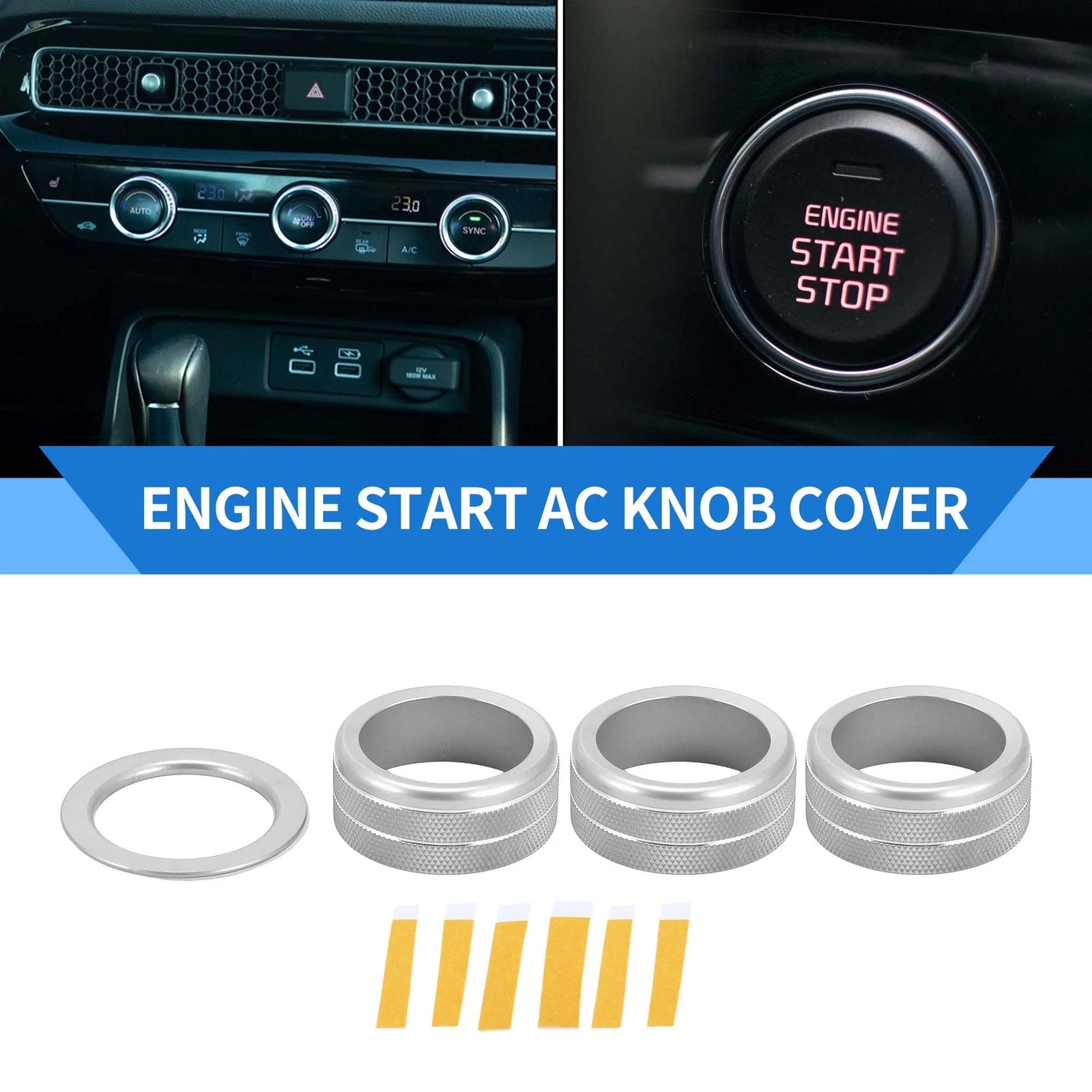 Set of 4 AC Engine Start Switch Knob Cover Rings for Honda Civic (2022–2024) Silver Tone