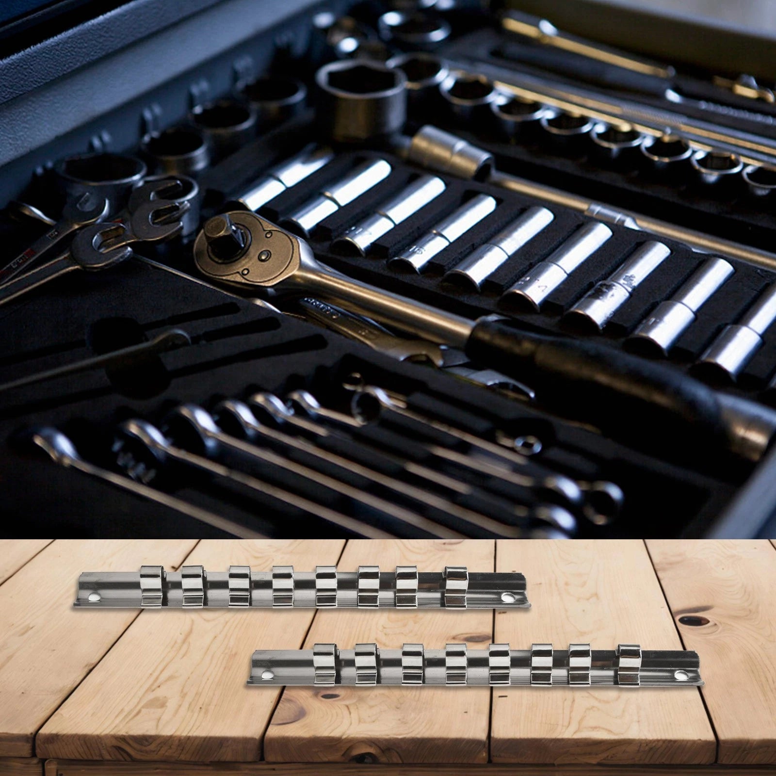 Socket Rack Holder with 8 Clips for Tool Organization
