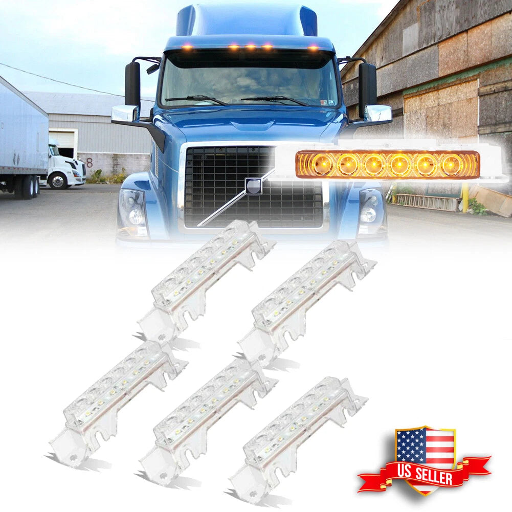 Set of 5 Clear Lens Amber LED Cab Roof Marker Lights for Volvo VN/VNL (2003–Present)