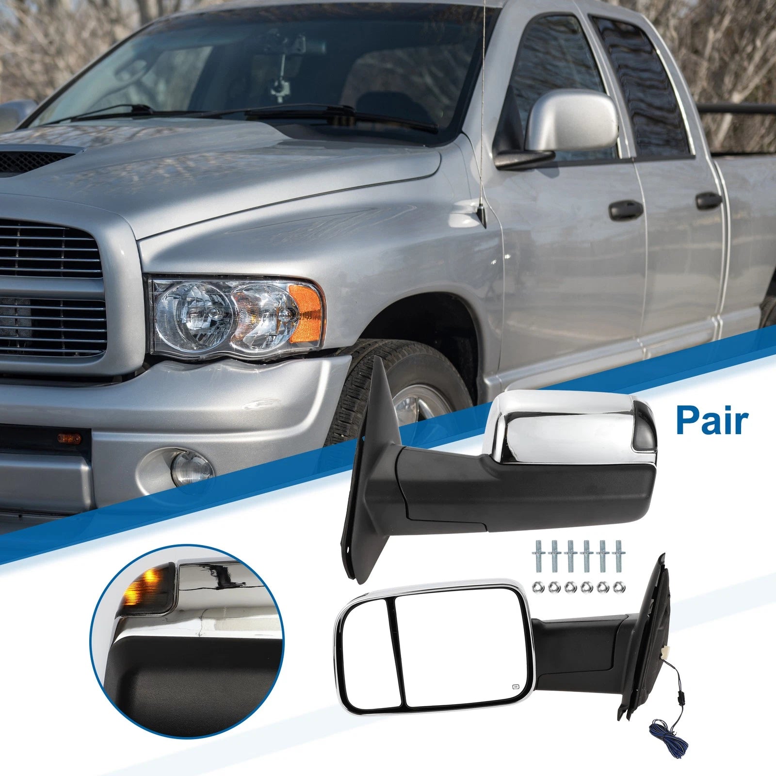 Tow Mirrors for Dodge Ram 1500 (1 Pair, Turn Signal Light, Silver Tone)