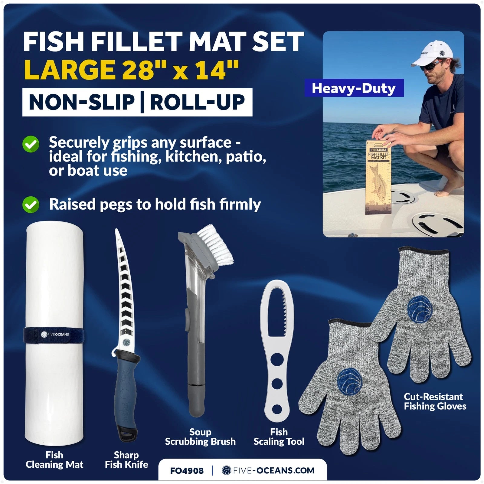 Fish Fillet Mat Kit for Universal Use (28"x14", Non-Slip, Knife, Gloves, Scaler, Brush)