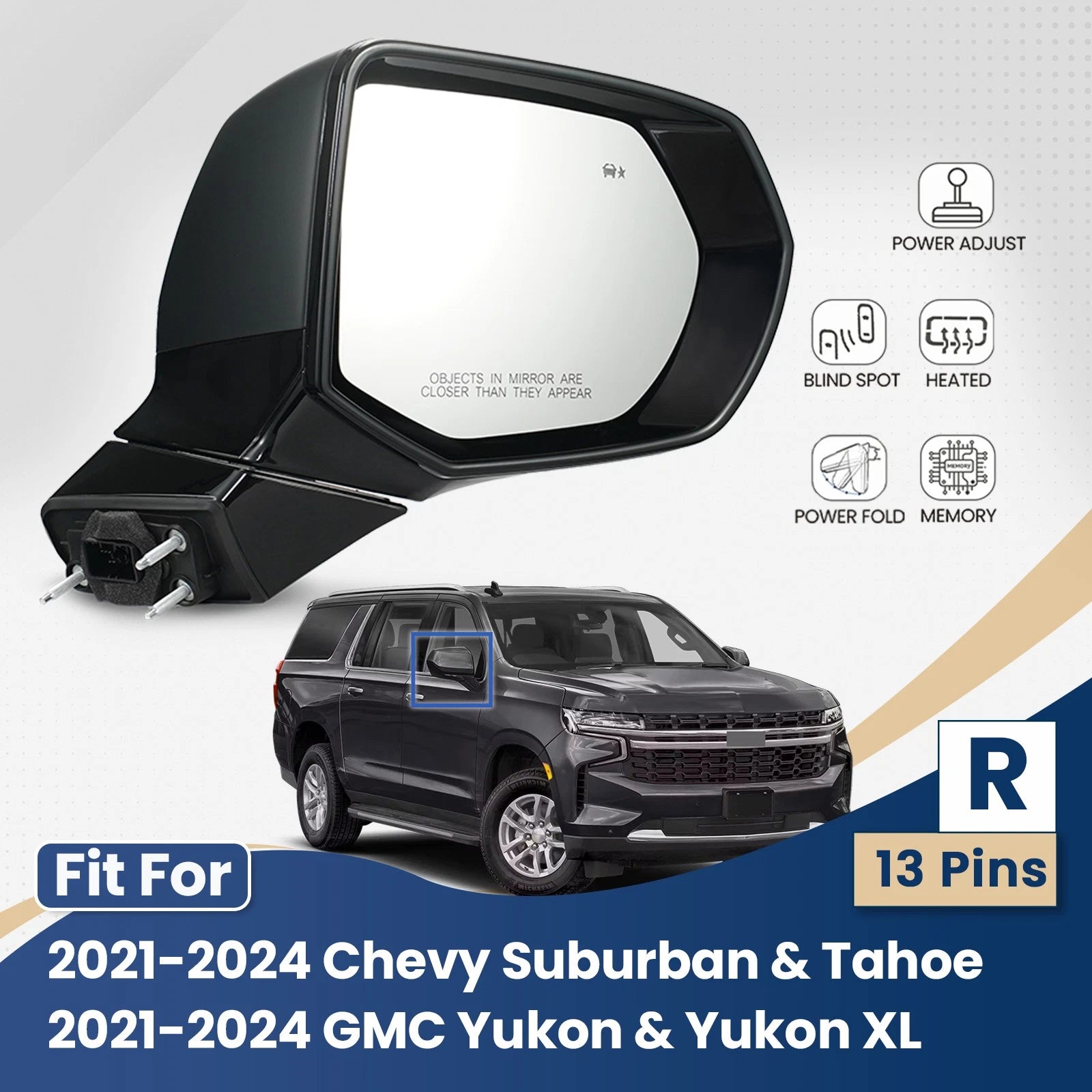 Side Mirror for Chevy Suburban Tahoe GMC Yukon (2021–2024) Power Fold 13 Pin
