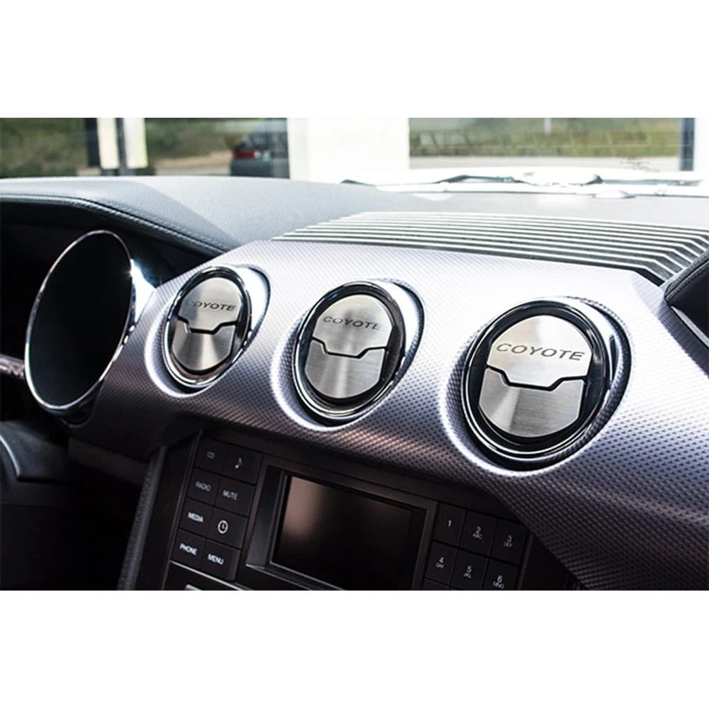 Brushed Stainless Steel A/C Vent Trim w/Etched 'Coyote' for 2015-16 Ford Mustang
