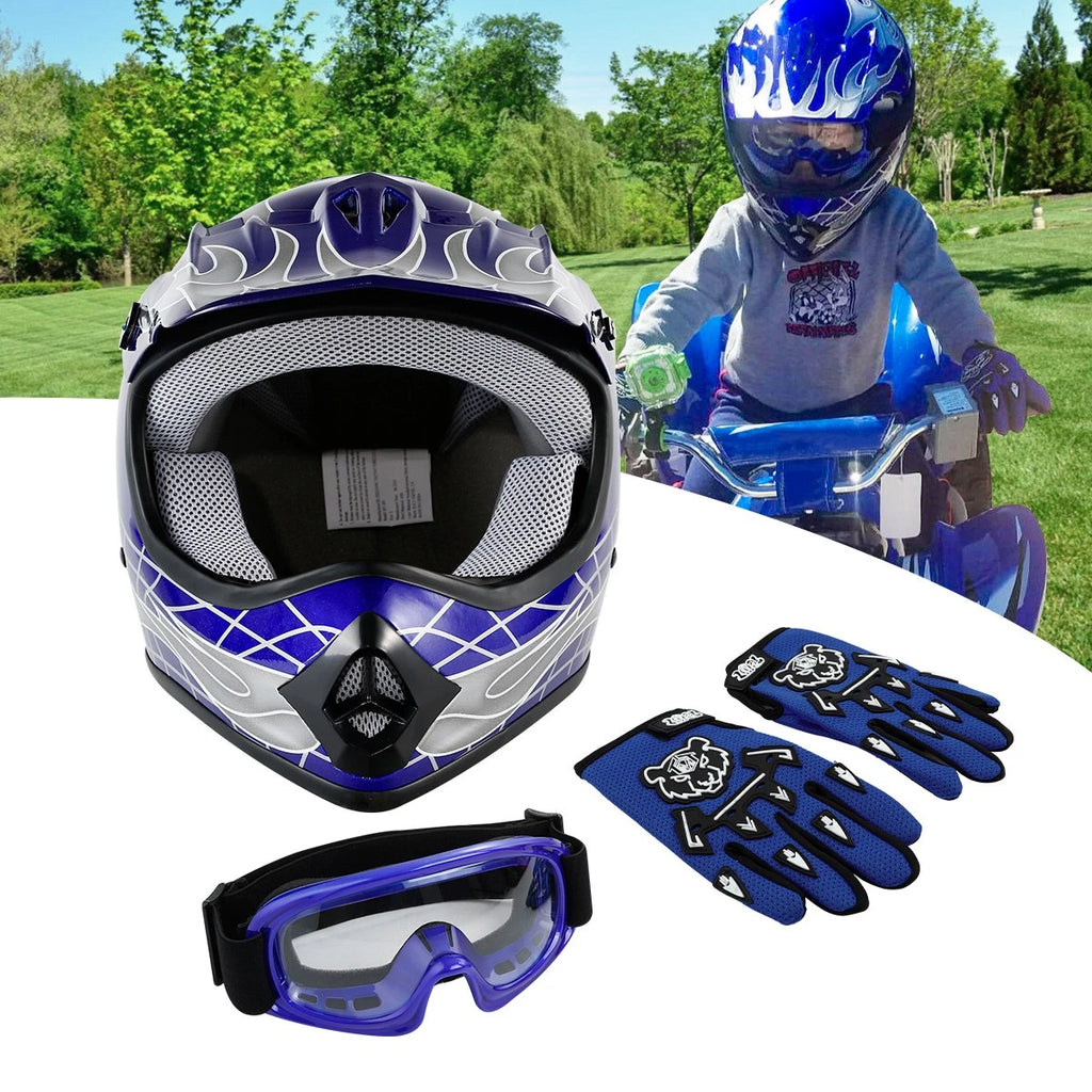 DOT Youth Blue Skull Helmet Goggles Gloves Set for Dirt Bike ATV (S/M/L/XL)