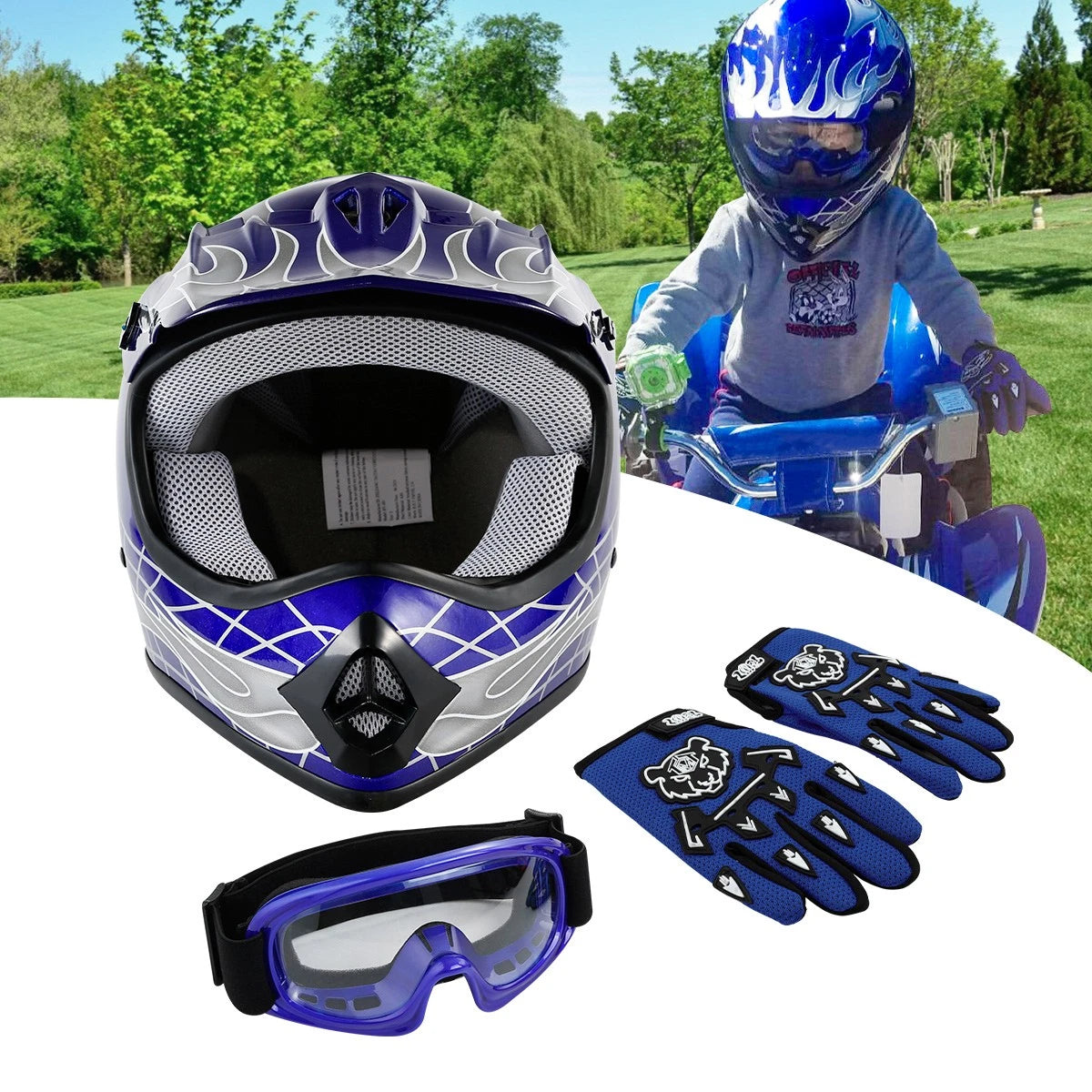 DOT Youth Blue Skull Helmet Goggles Gloves Set for Dirt Bike ATV (S/M/L/XL)
