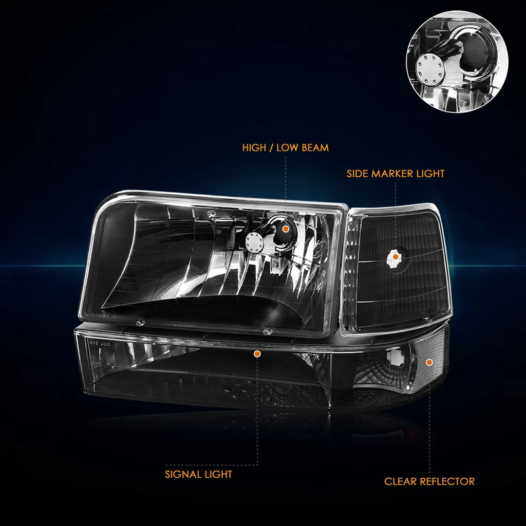 Black Housing Headlight Clear Corner Signal Lamps for Ford F150/F250/F350 (1992–1996)
