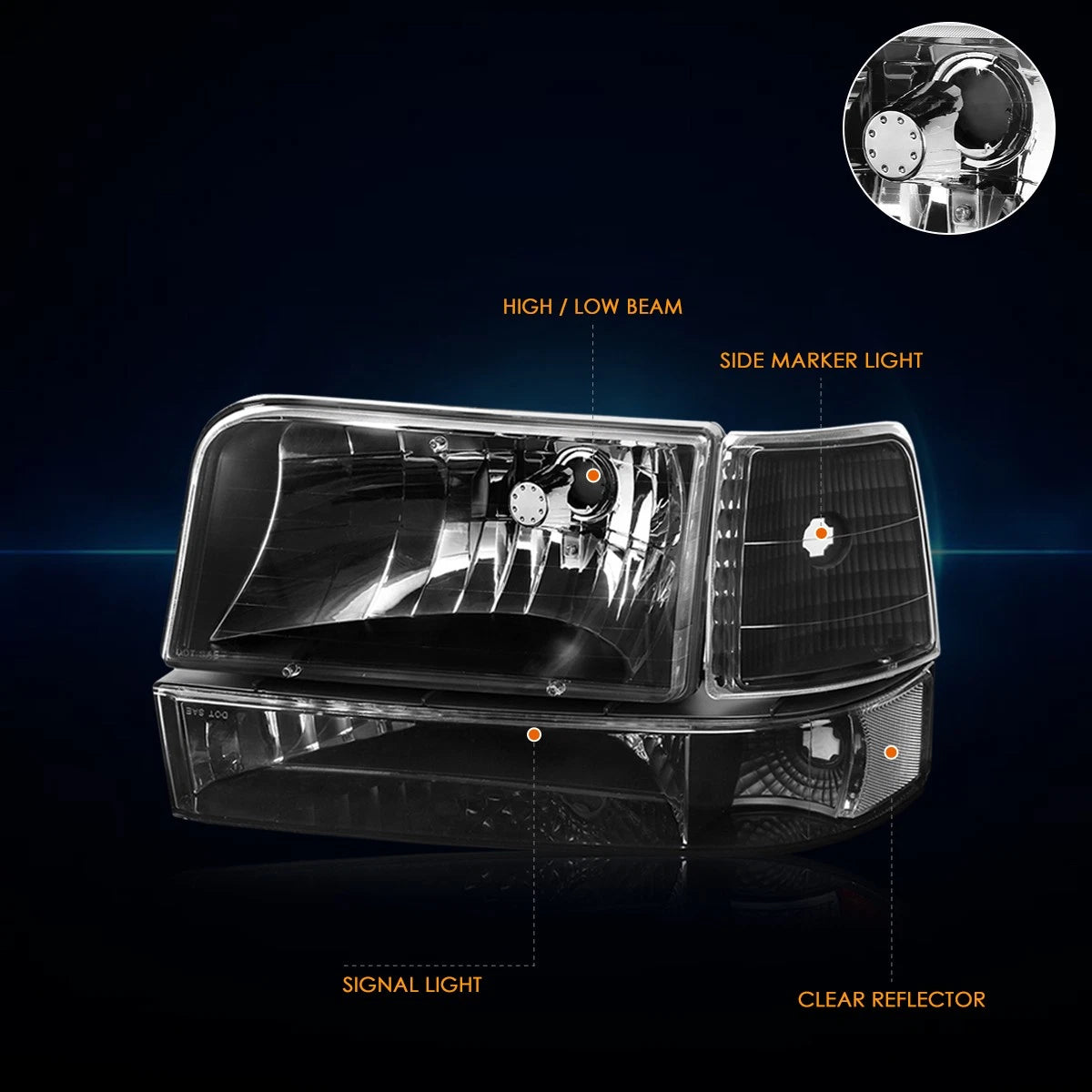 Black Housing Headlight Clear Corner Signal Lamps for Ford F150/F250/F350 (1992–1996)