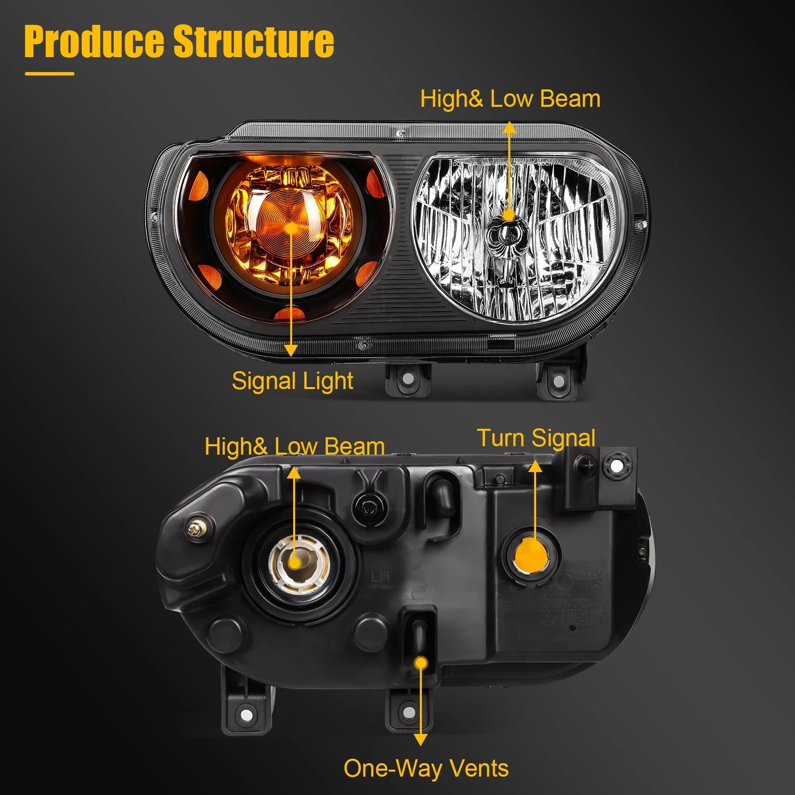 Set of 2 Halogen Black Headlights for Dodge Challenger (2008–2014)