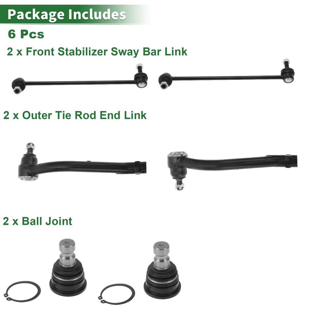 Set of 6 Front Outer Tie Rod Ends & Sway Bar Link for Kia Sorento 