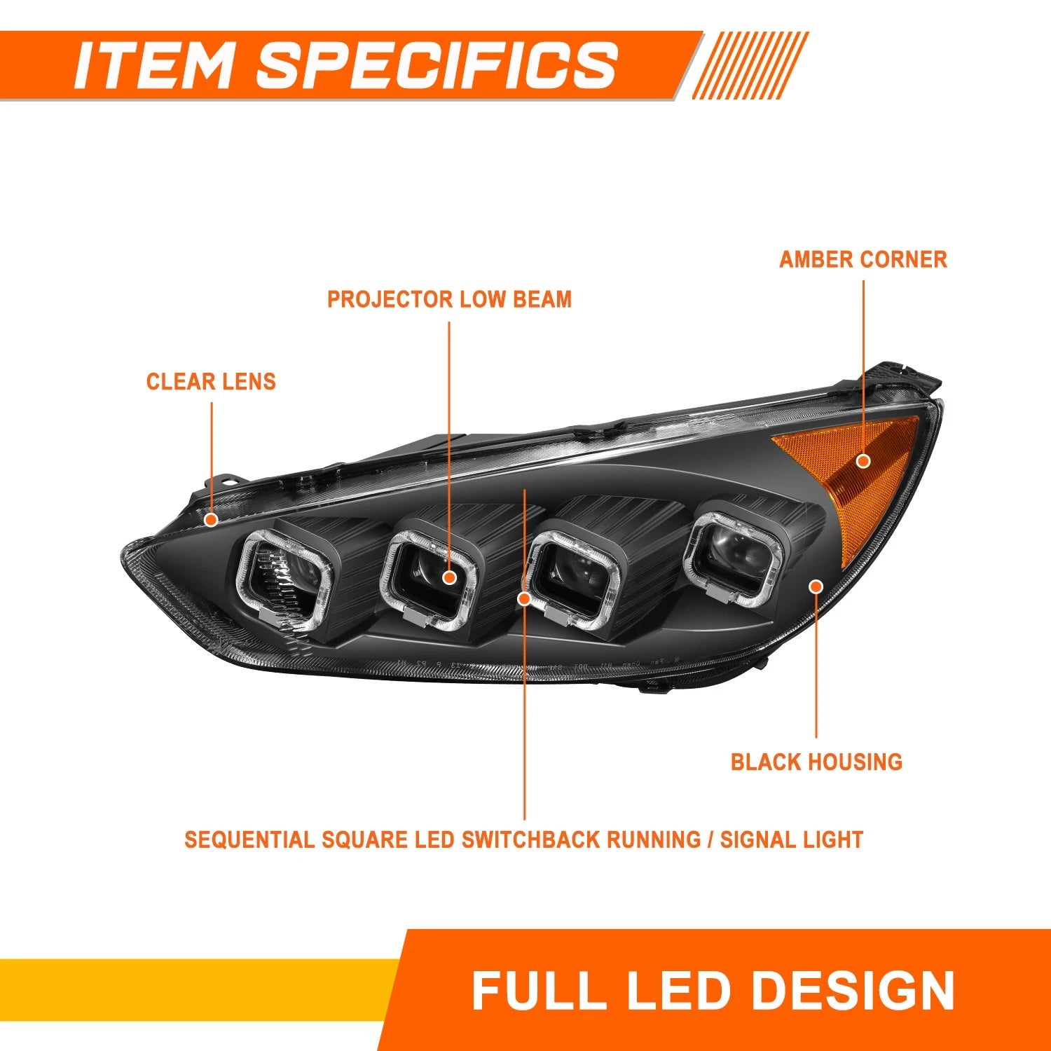 Quad Sequential LED DRL Projector Headlights for Ford Focus (2015–2018)