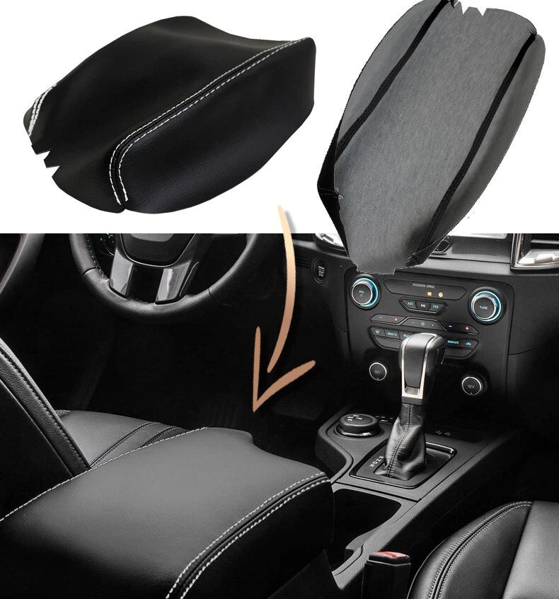 Leather Console Lid Armrest Cover for Ford Ranger (2019–2020) White Stitch