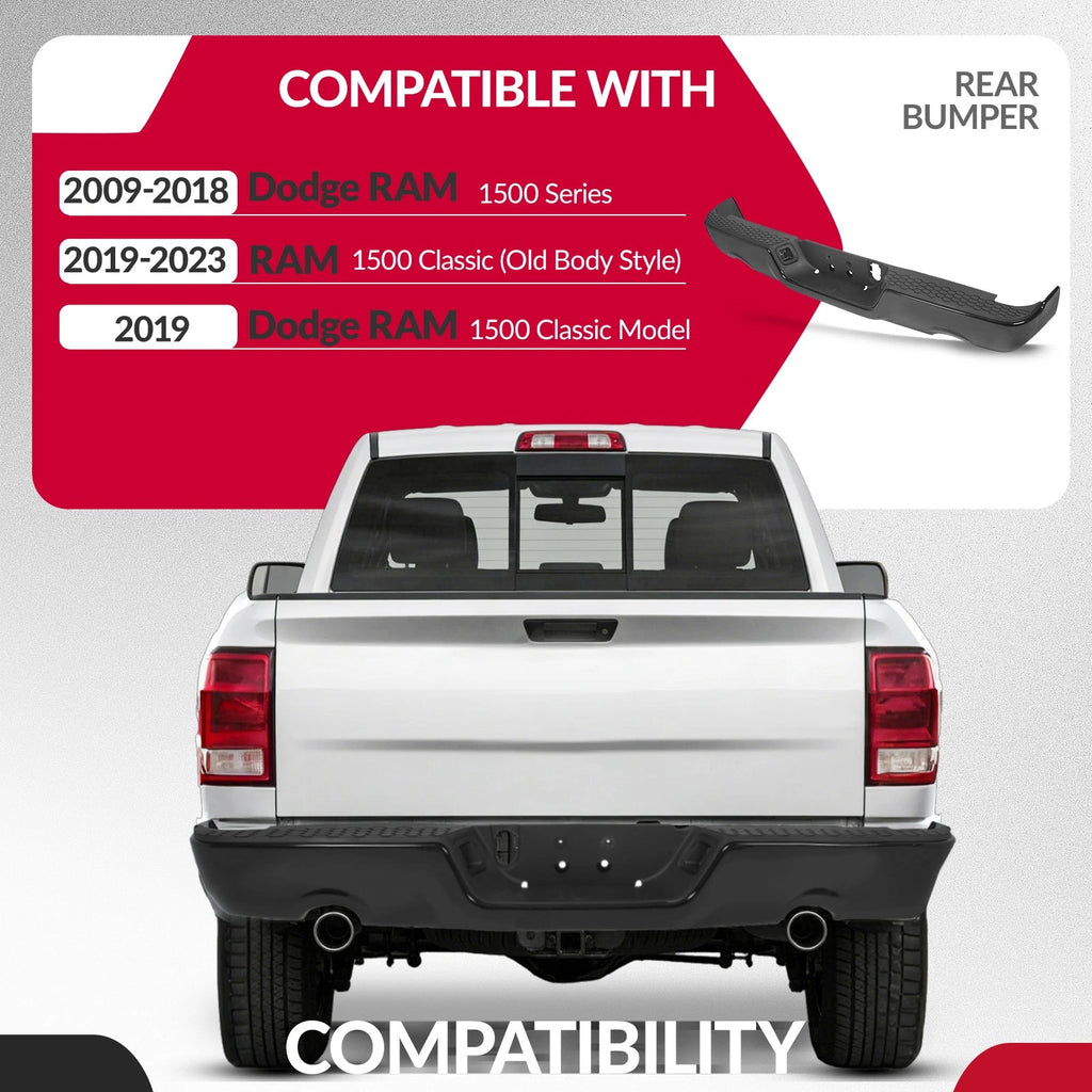 Rear Step Bumper for Dodge Ram 1500 (2009–2018) Black W/O Sensor Dual Exhaust