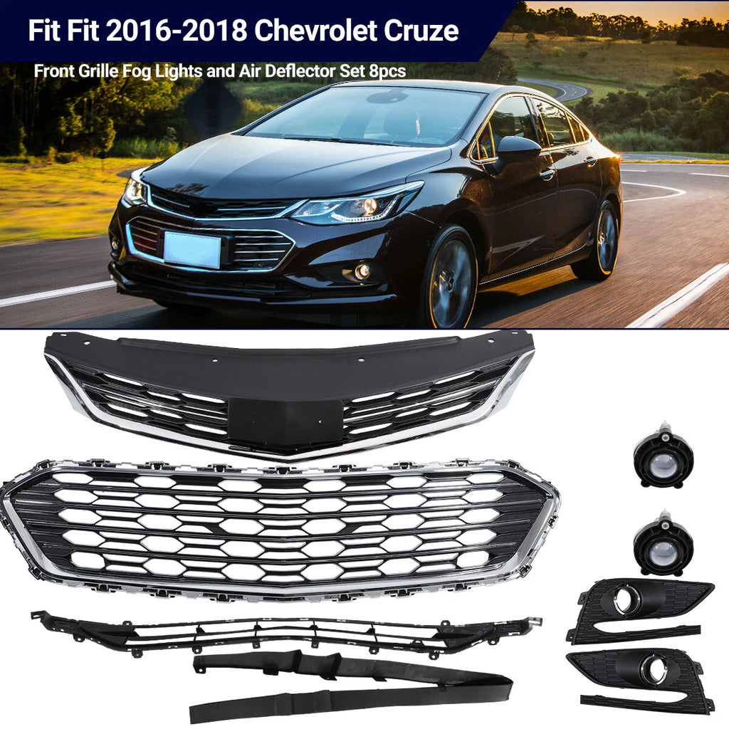Set of 8 Front Grille Fog Lights & Air Deflector for Chevrolet Cruze (2016–2018)