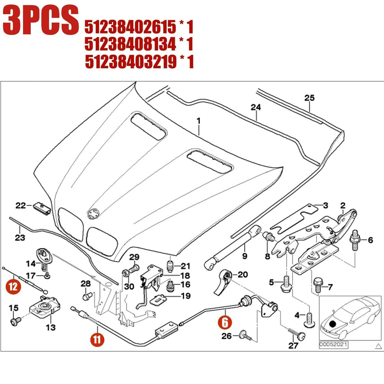 3X Engine Hood Release Cable for BMW X5 E53 (2000-2007)