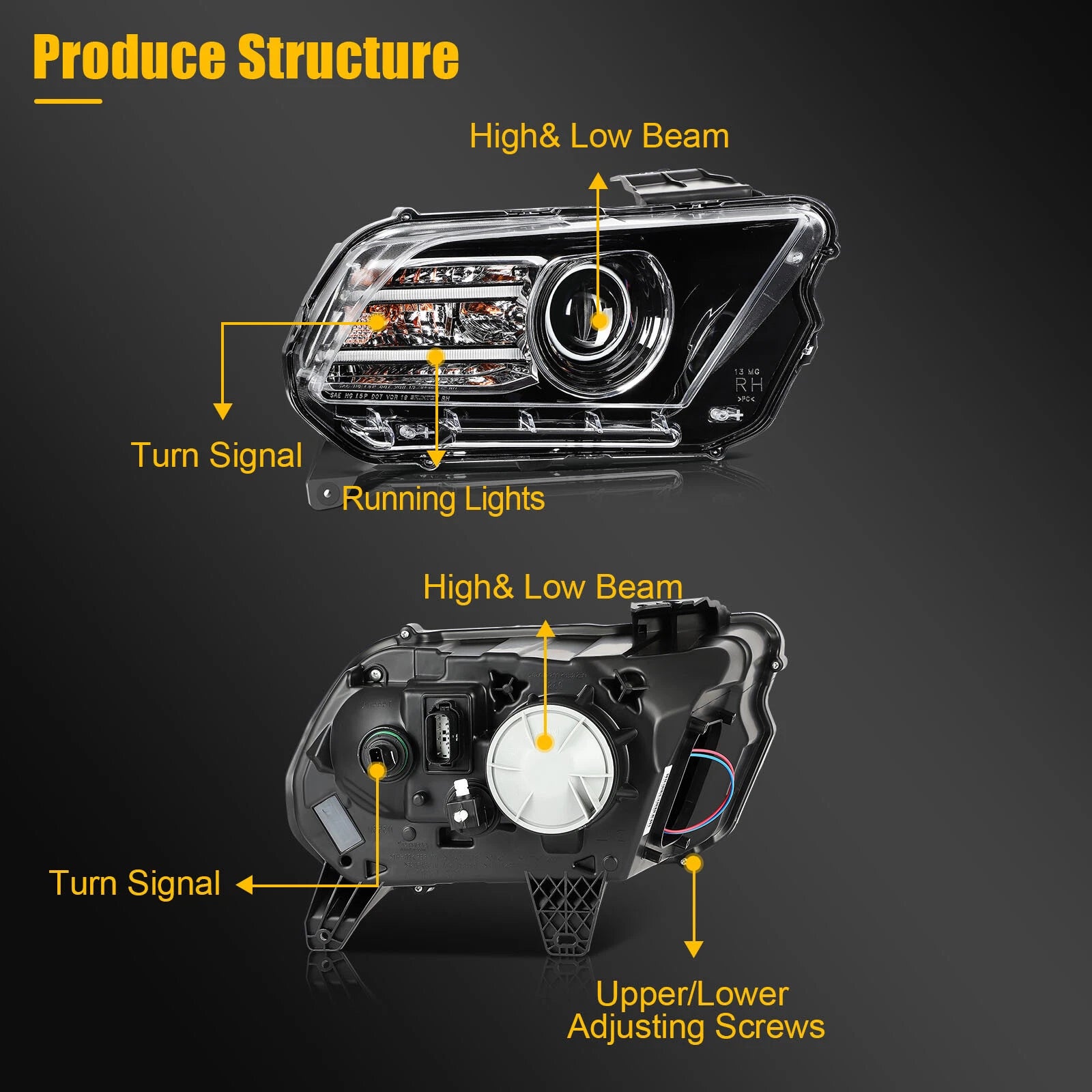 LED DRL Headlight for Ford Mustang (2013–2014) Black Housing Pair